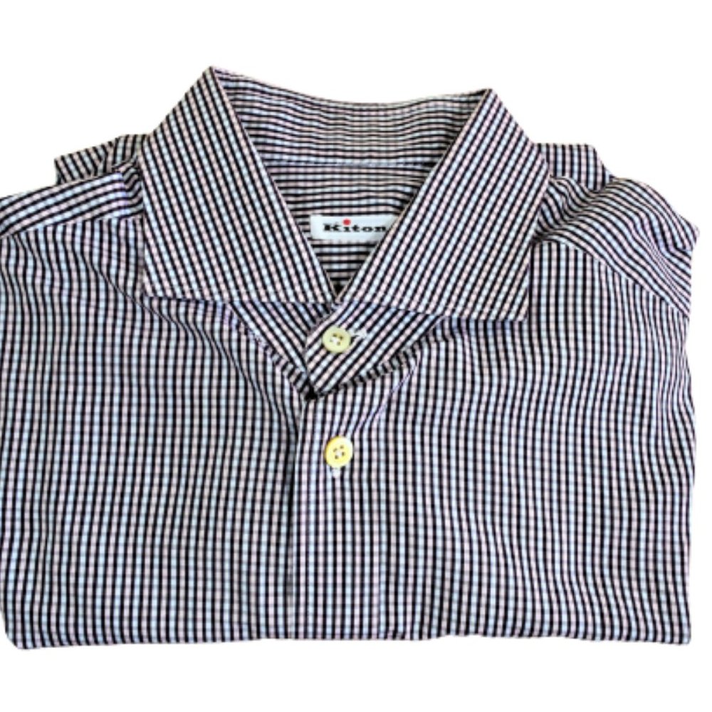 Kiton NWOT Dress Shirt Size 16.5 42 In Blue Pink Black Gingham Check 100% Cotton
